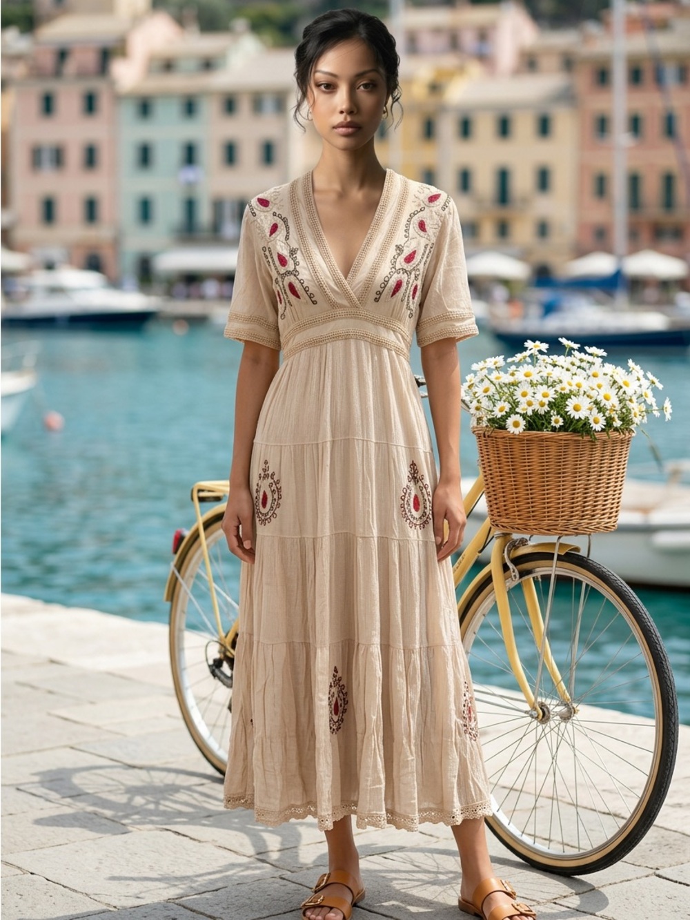 Young Threads Embroidered Beige V-Neck Maxi Dress